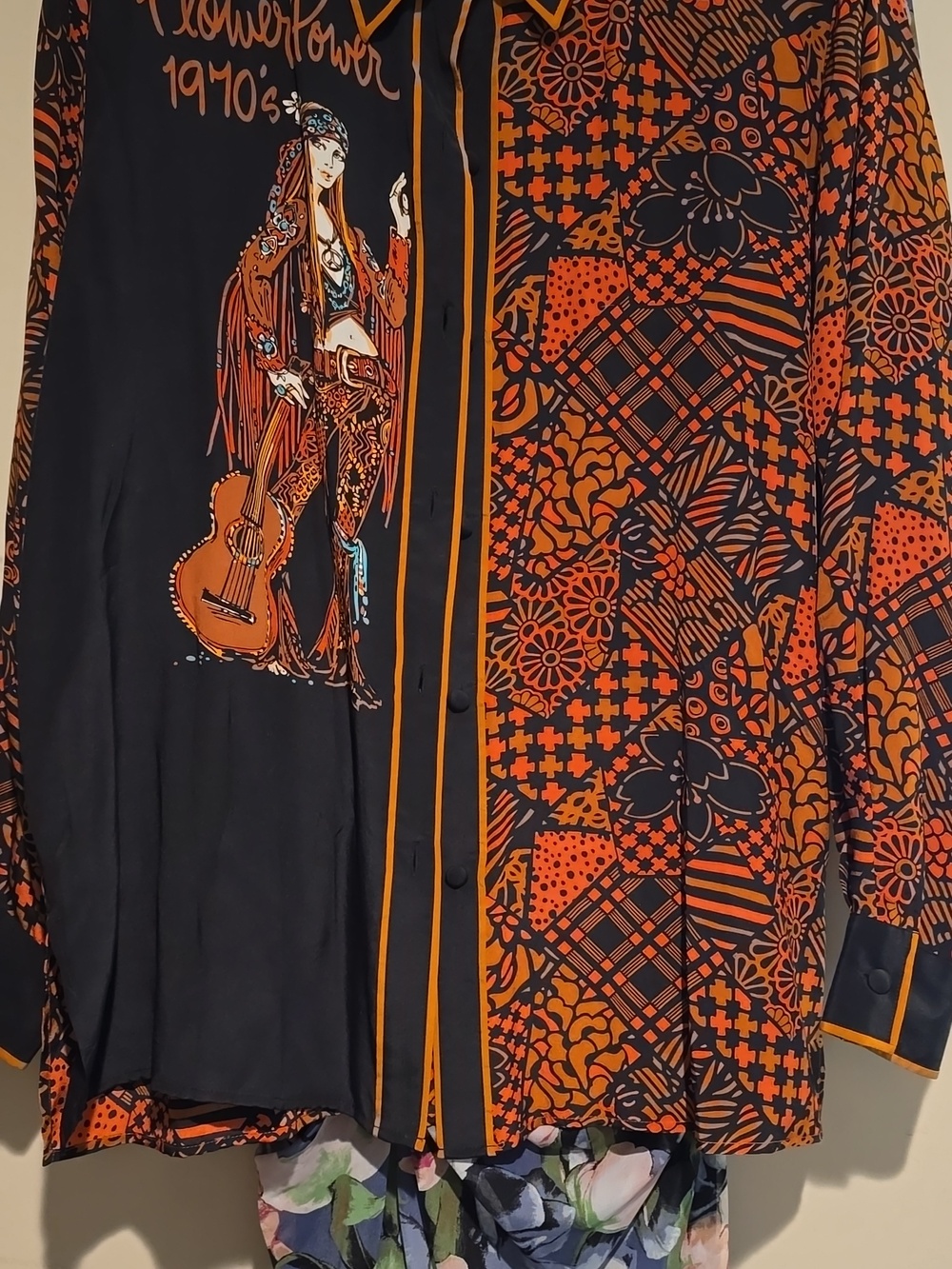 Women’s Flower Power Button-Front Blouse in Black and Rust